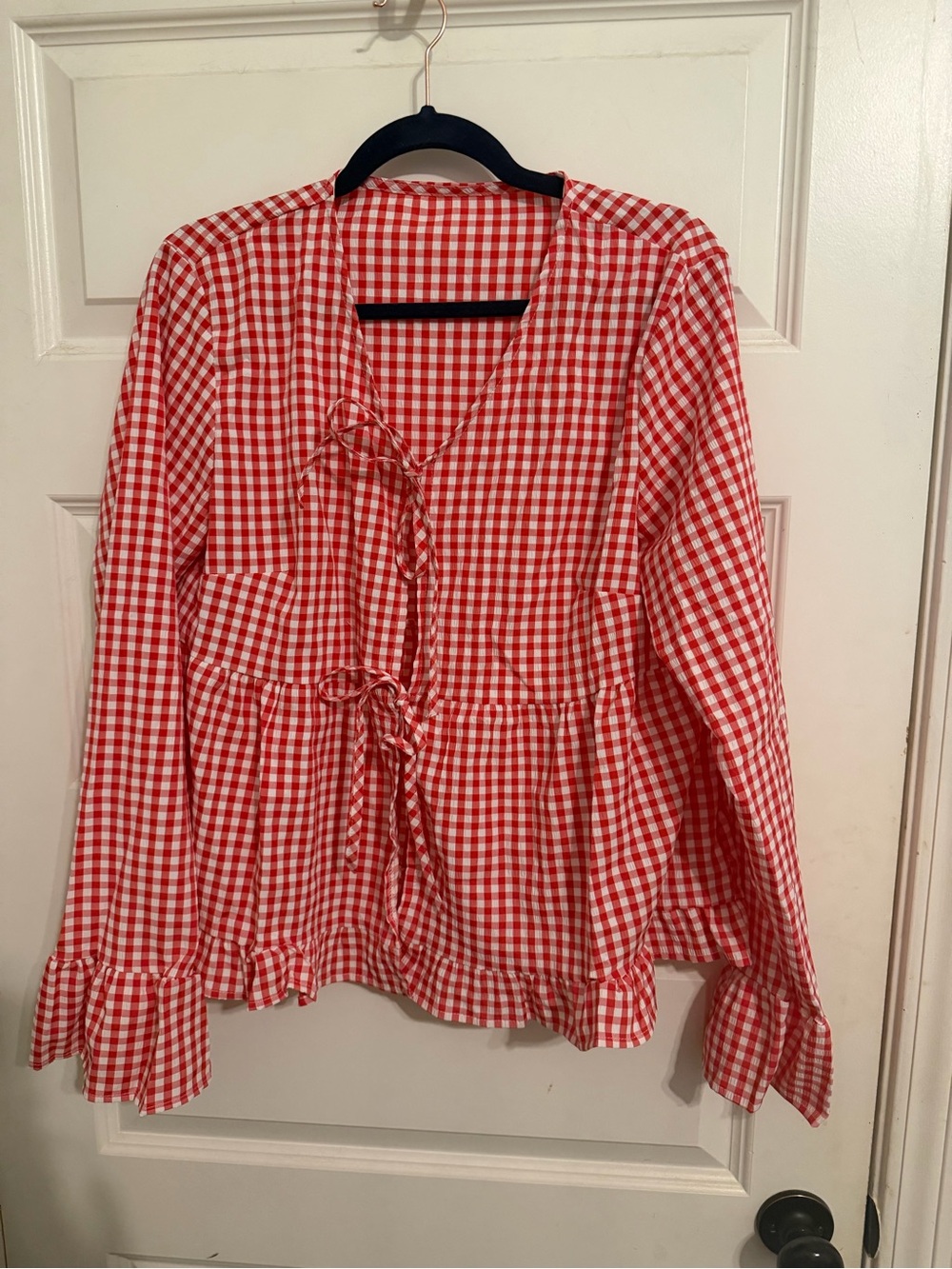 New Red Gingham Tie-Front Women’s Blouse